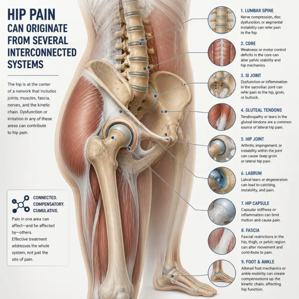 image describes different type of hip pain.