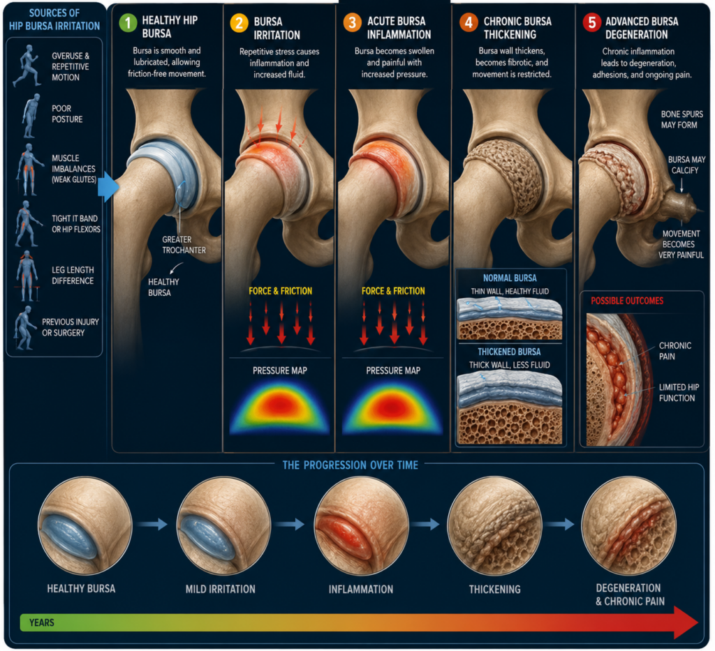 image showing increasing degeneration of a hip with bursitis.